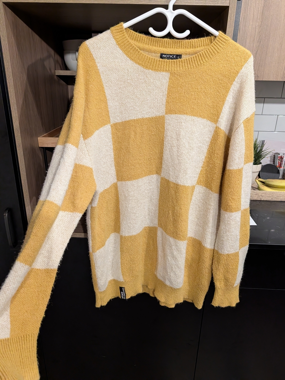 NOTICE® Yellow & Cream Checkerboard Crew Neck Sweater